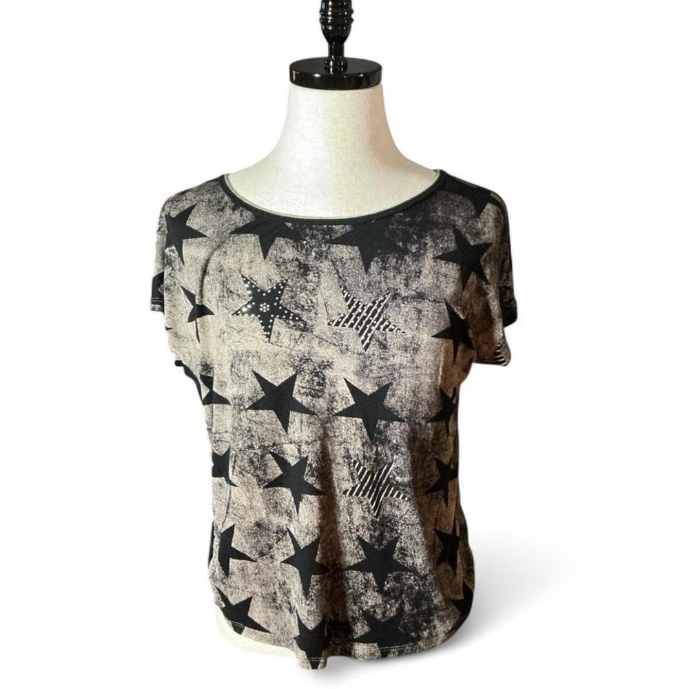 Y2K Skinny Minnie Womens Star‎ Print T Shirt Top Black Tan Casual Short Sleeve S